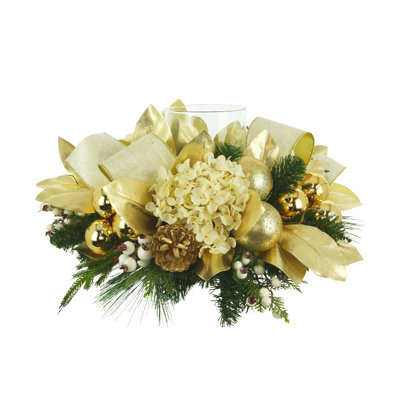 Holiday Candleholder With Hydrangeas And Magnolia Leaves