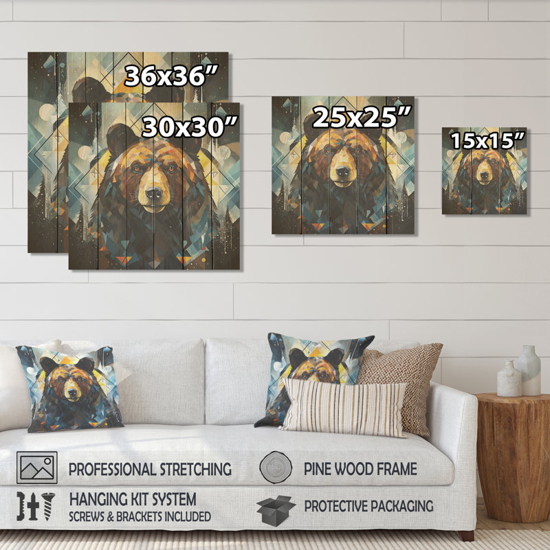 «Creative Grizzly Bear Landscape II» - reproduction d'ours sur bois, H 15 po x l 15 po