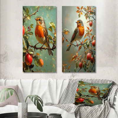 Oiseau Robin dans la ferme, verger I - animaux, art sur toile 2 panneaux