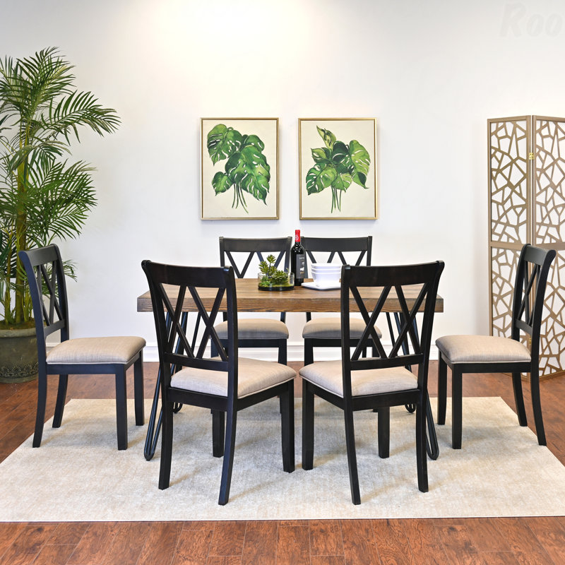 Ensemble de salle à manger 7 pièces: table en épingle à cheveux et 6 chaises à dossier croisé, noir riche, Beige