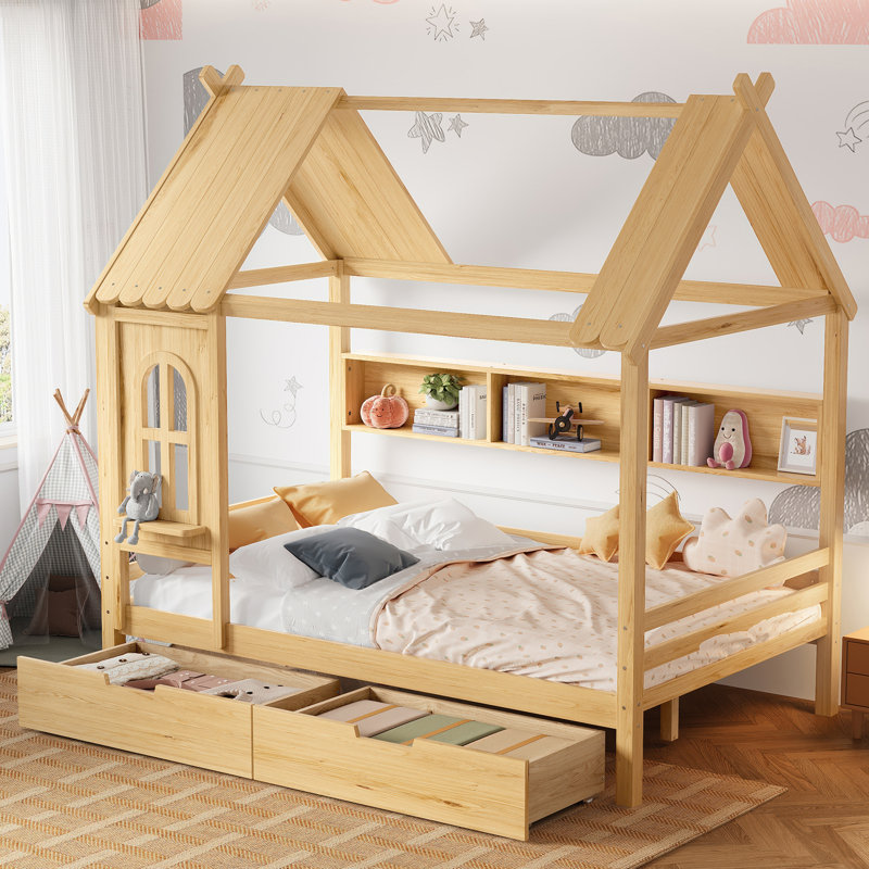 Lit plateforme double en bois massif pour enfants avec tiroirs de rangement, fenêtre et tablettes, Naturel