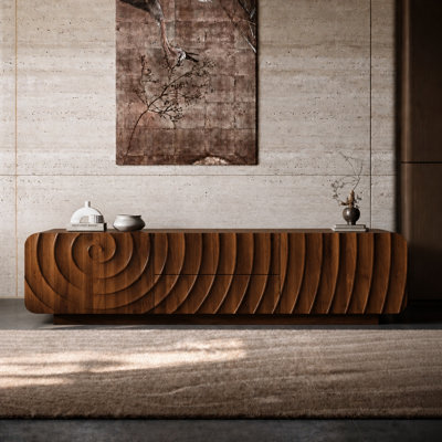 58" American Classic TV Stand, Spiral Wave 3D Carved Doors with Dual Drawers & Double Cabinets