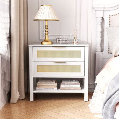 Table de chevet étroite en rotin avec 2 tiroirs et tablette de rangement Boho