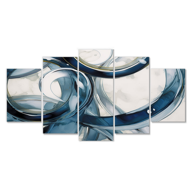 «Blue Circle Whirls - Spiral Abstract», art mural 5 pièces, H 32 po x l 60 po