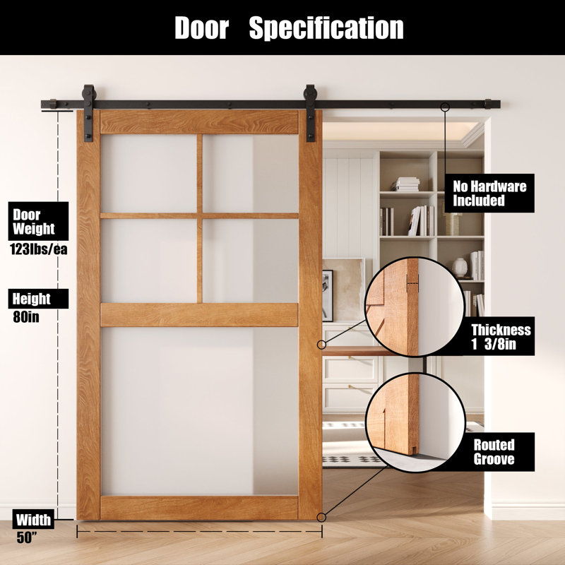 Porte de grange coulissante en bois massif non assemblé 50 po x 50 po, 50 po x 80 po