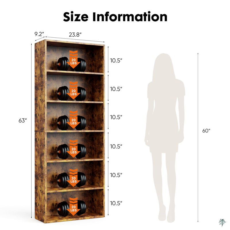 Bookcase - Large Tall Floor Standing Open Bookshelf, (6 Shelves) 23.8"H x 62.9"W x 9.2"D