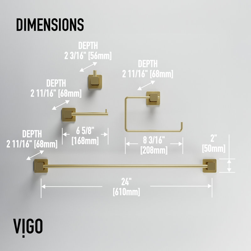 VIGO Meridian 4-Piece Matte Brushed Gold Bathroom Hardware Set with 24-in Towel Bar, Toilet Paper Holder, Hand Towel Holder and Hook