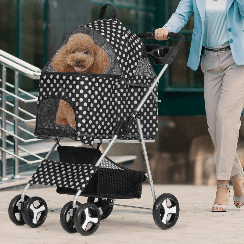 Black and White Polka Dot Foldable Pet Stroller with Steel Frame