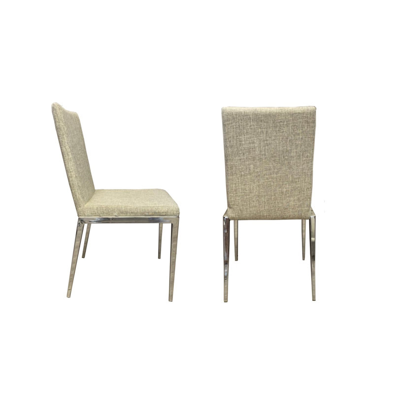 Set of 2 Linen Upholstered Side Chairs – Armless Dining or Accent Chairs with Silver Metal Legs, Modern Fabric Seating, Beige