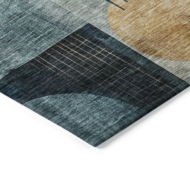 Teal and Gold Geometric Washable Synthetic Area Rug