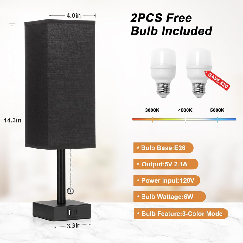 Set Of 2 Modern Bedside Table Lamps With 3 Colour Temperatures, USB C + A Charging Ports, And Pull Chain Control For Nightstand Lighting