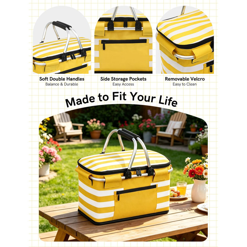 Panier isotherme 26L, sac isotherme pliable et étanche avec couvercle et poignées robustes pour le pique-nique extérieur, le magasinage et les voyages, jaune