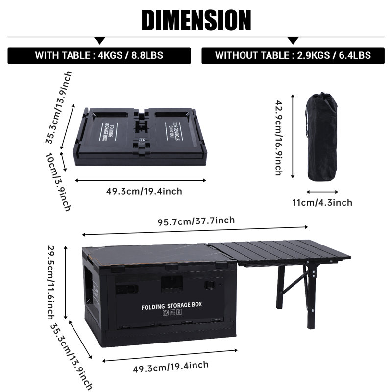 Folding Table, Storage Bin with Table, Collapsible Storage Box with Table, Organizing Containers Plastic with Wood Lid and 2 Side Doors, Stackable Organizer