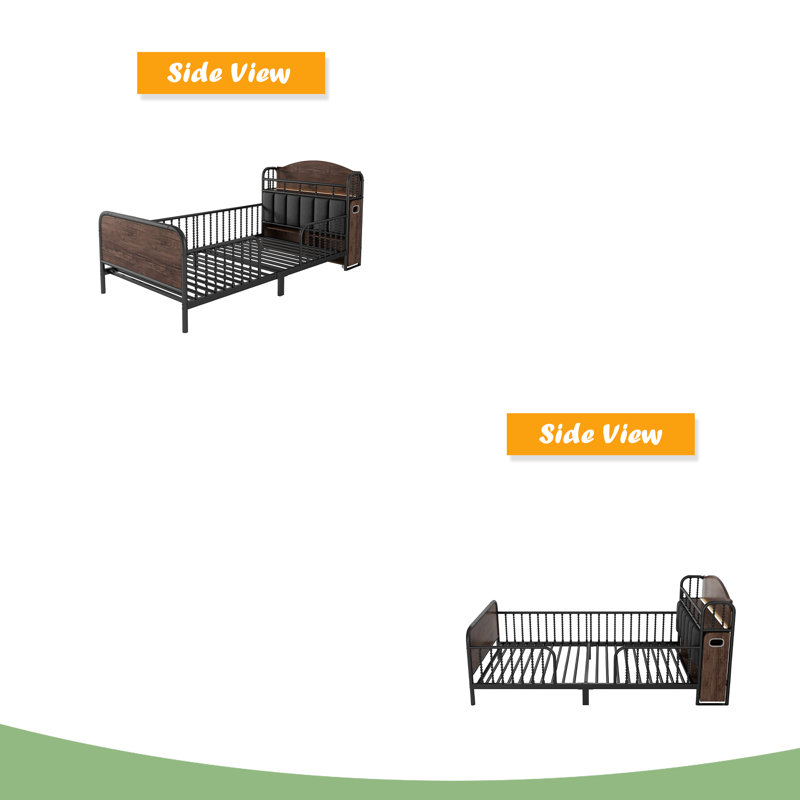 Structure de lit plateforme simple en métal avec lumière, lit simple en métal pour enfants avec tablettes de rangement rembourrées et escamotables