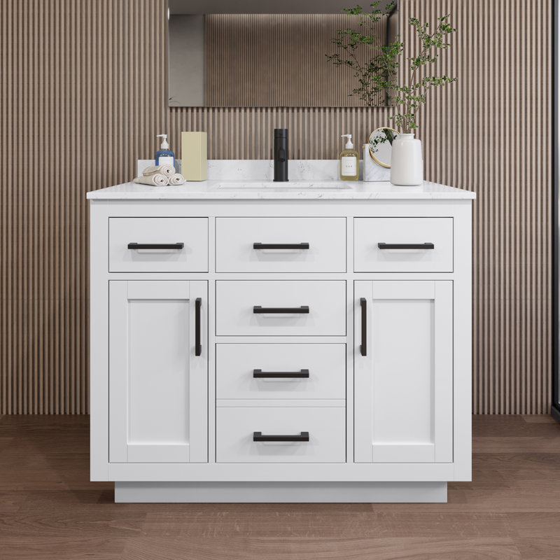 Beckett TK 42'' W Single Vanity, Carrara Cultured Marble, Matte Black, White