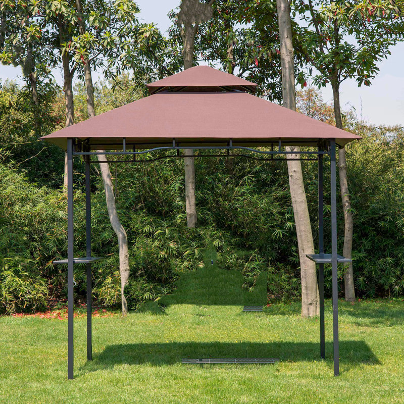 Pavillon de barbecue à double toit, auvent extérieur avec grille en métal, brun