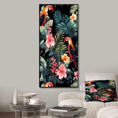 Perroquets roses et plantes tropicales I - art mural perroquet