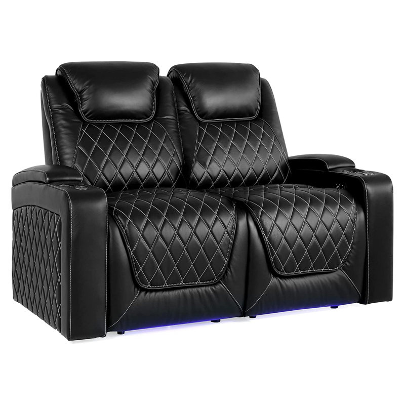 Siège de cinéma inclinable électrique en cuir véritable de 62 po de largeur avec porte-gobelet, Cuir véritable noir