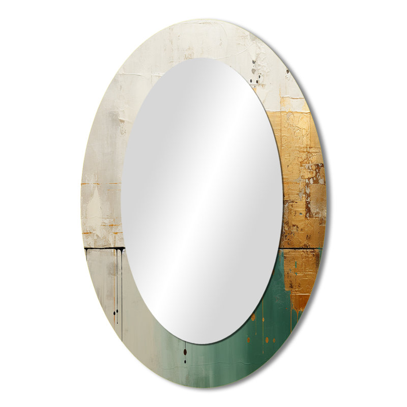 Minimalisme doré et sarcelle Horizon II - miroir décoratif ovale abstrait sur métal, 36 po x 24 po