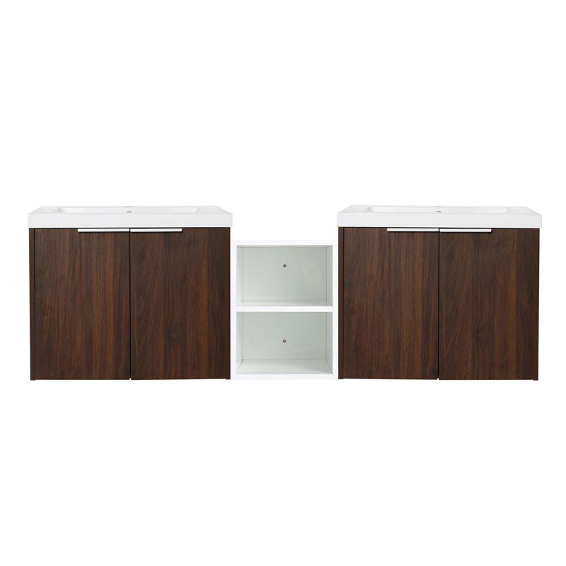Meuble-lavabo à fermeture en douceur avec lavabo, petites tablettes de rangement et armoire combinée, 59", Brun
