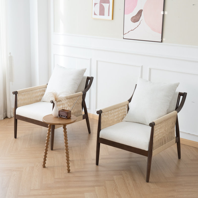Modern Upholstered Accent Armchair with Paper-Rope Weaving, Beige Linen Fabric, White 