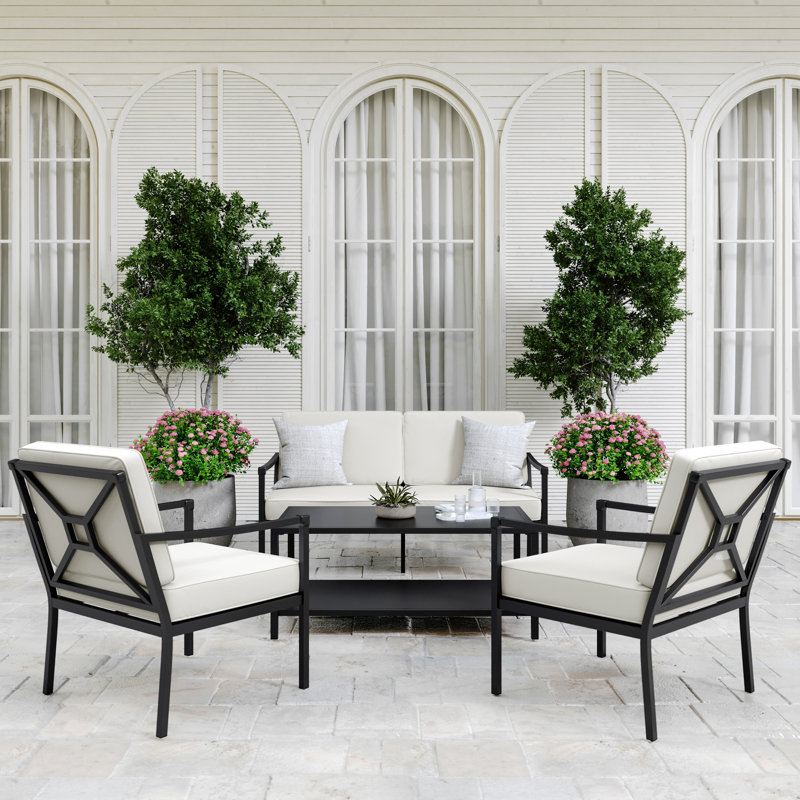 Martha Stewart Lily Pond 4Pc Steel Patio Conversation Set With Loveseat, 2 Accent Chairs, Coffee Table