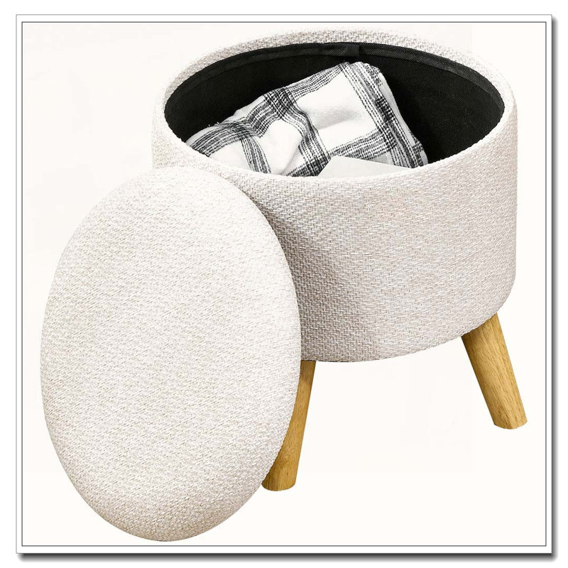Storage Ottoman Round Stool Chair with Cushioned Top, Cream White