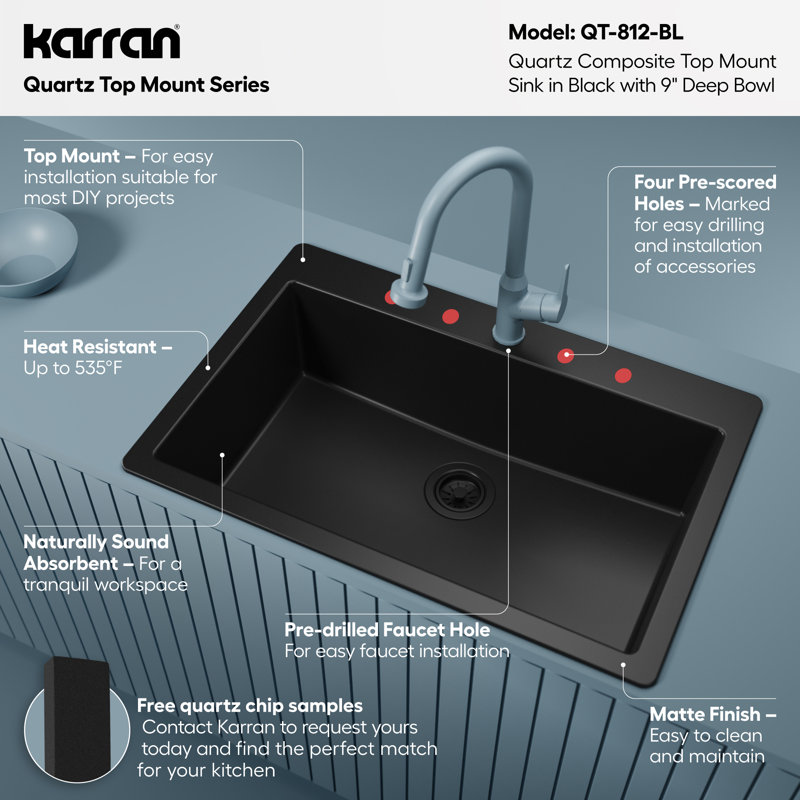 Karran Quartz 33'' X 22'' Large Single Bowl Drop-in Kitchen Sink, Black