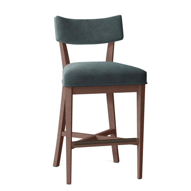 Juliet Upholstered Stool with Solid Wood Frame, Walnut, Perigold Piccadilly Stripe Ash, Bar Stool (29.5" Seat Height)