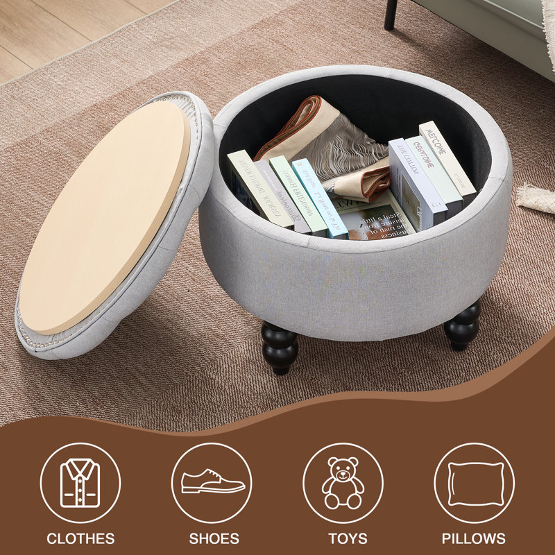 24'' Wide Upholstered Round Storage Ottoman, Gray Linen