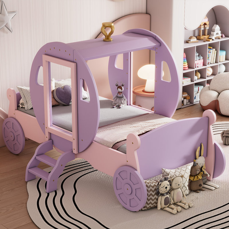 Lit simple Princess avec couronne et escalier, Rose / Mauve