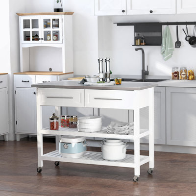Îlot de cuisine avec plateau en acier inoxydable, tablettes ouvertes, tiroirs, gris