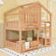Lit superposé en bois en forme de maison avec fenêtre et tablette-749569556-753275881