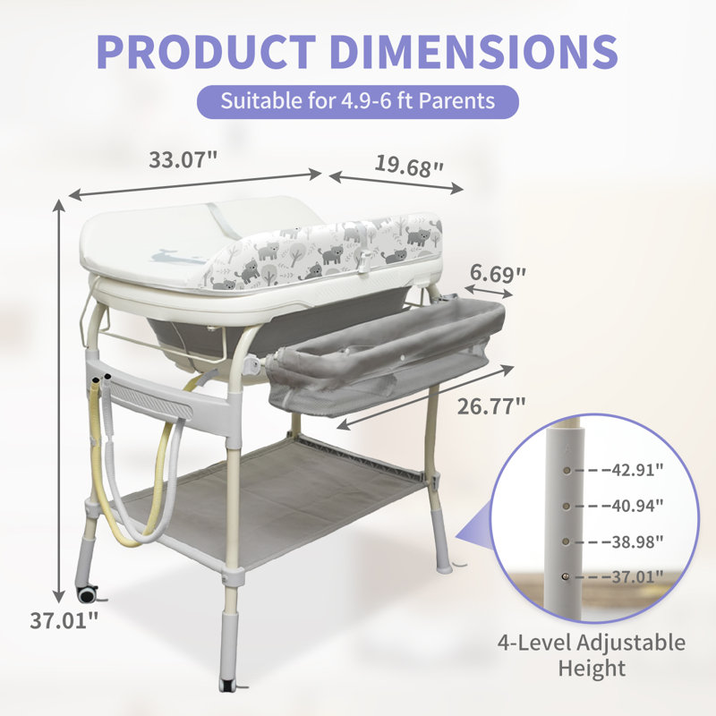 Baignoire pour bébé 2 en 1 avec table à langer, station à langer pliable et imperméable, organisateur de chambre de bébé à hauteur réglable avec supports de rangement