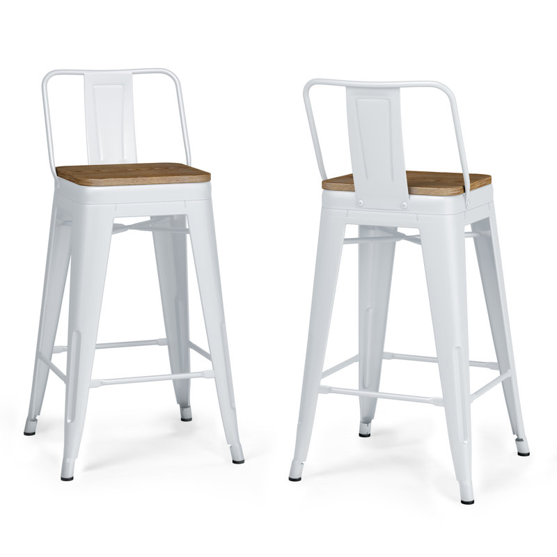 Tabouret en bois massif et métal Rayne, Blanc, Tabouret de comptoir (siège d'une hauteur de 24,0, 4