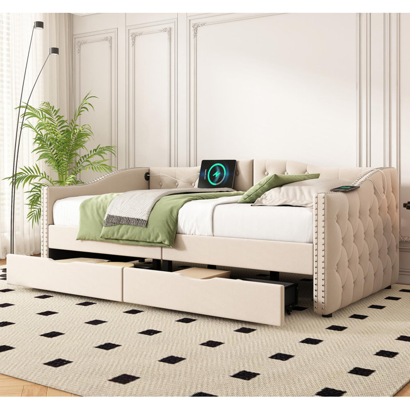 Lit de jour rembourré avec tiroirs de rangement, lit de jour simple en bois, aucun sommier nécessaire, beige, Beige