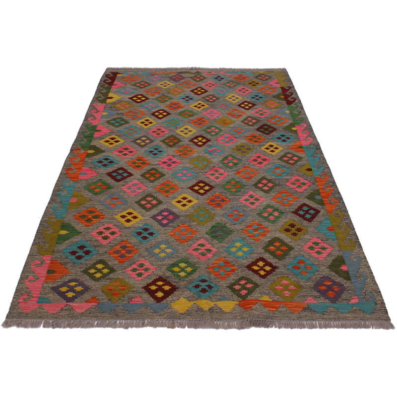 Tapis gris en laine fait à la main de conception unique 4 pi 11 po x 6 pi 6 po kilim Drumraymond