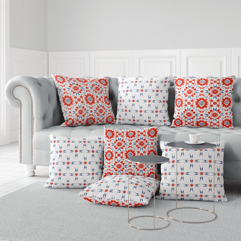 Vibrant Red and Gray Floral Geometric Square Pillow