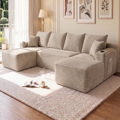 134" Wide 5-Seat U-Shaped Corduroy Modular Sectional Sofa with Double Chaise, Light Tan/Camel