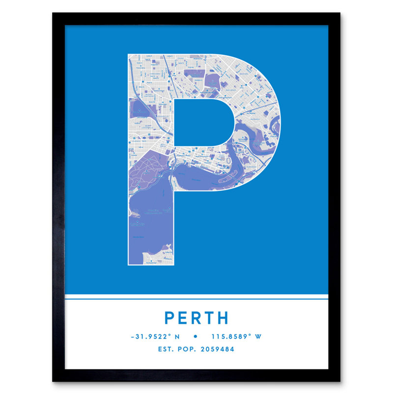 Perth Australia City Map Blue 1 Piece Single Picture Frame Wall Art