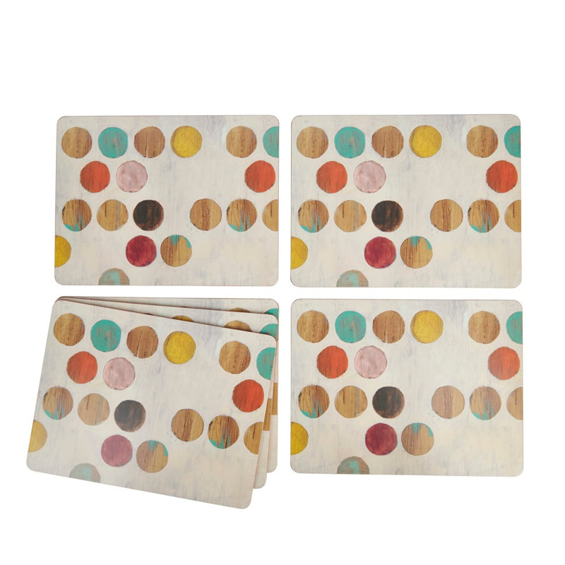 Set Of 6 Multi-Colour Retro Spot Table Mats, Cork Backed Lacquered Wooden Placemats, Retro Decor For Kitchen & Daily Family Dining