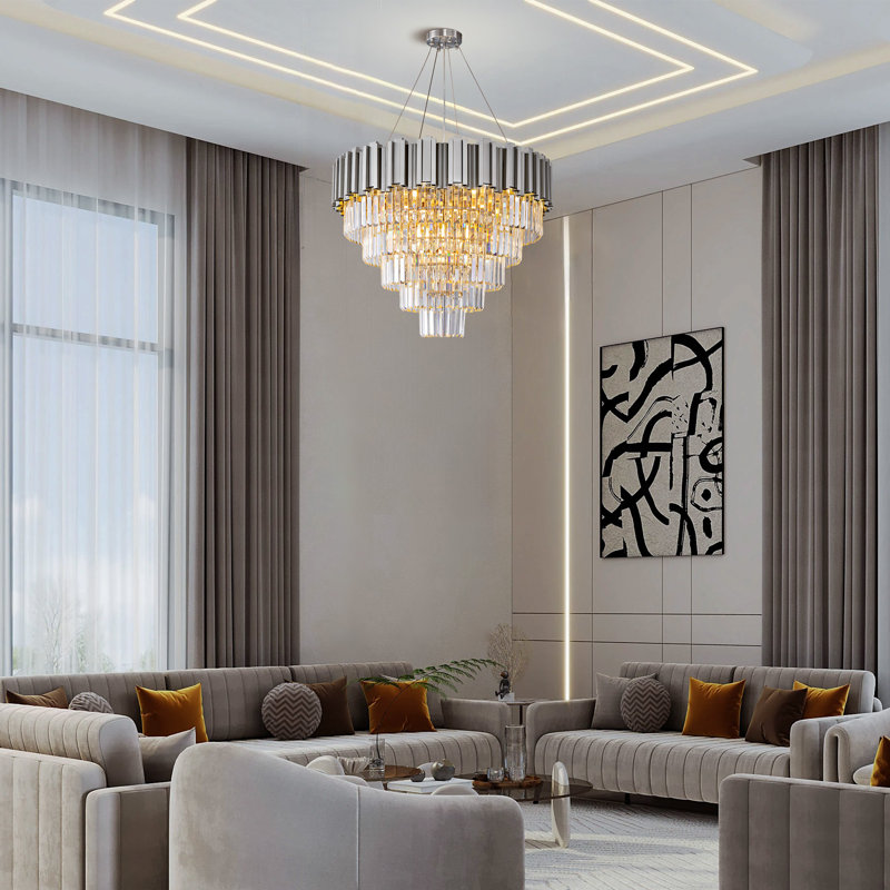 Lustre à plusieurs niveaux avec lumière en cristal, Argent argent, H 21,26 po x l 27,56 po x P 27,56 po, 9 lumières