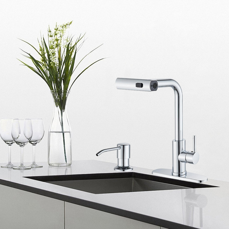 Modern Stainless Steel Single-Lever Kitchen Faucet With Pull-Down Nozzle With Soap Dispenser, Chrome