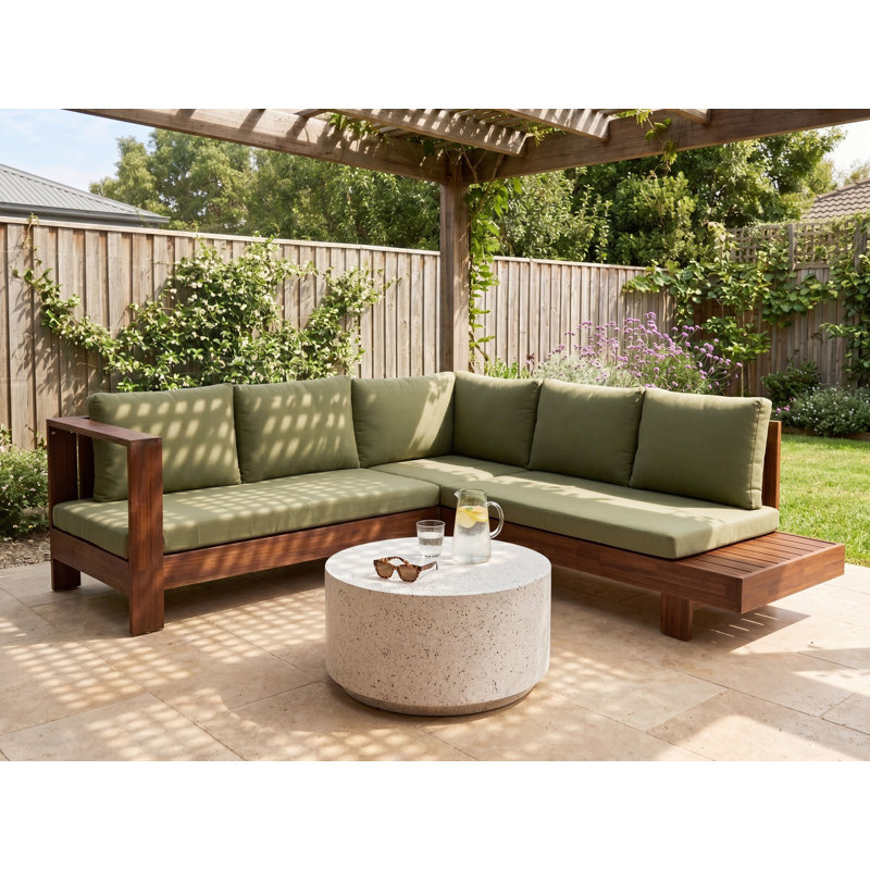 Rupakus 225 cm W L-Shaped Acacia Patio Corner Sofa with Cushions, Right Hand Facing