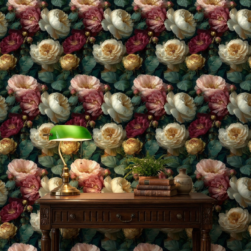 Papier peint floral, décoration murale classique rétro