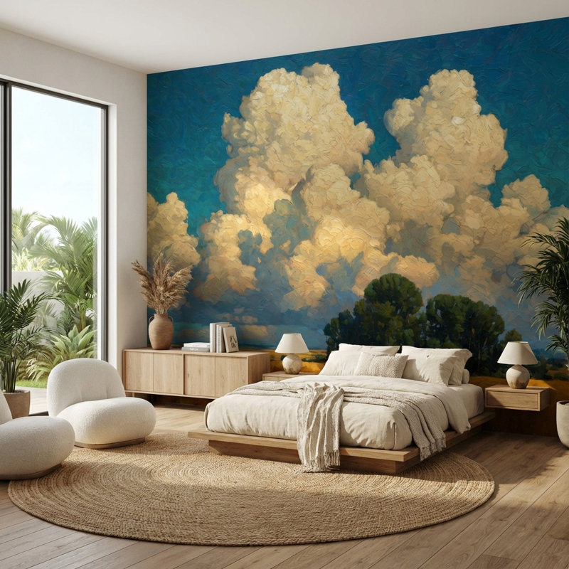 Papier peint paysage nuages décoratifs bleu ciel amovible, 100 po x 96 po, Peler et coller