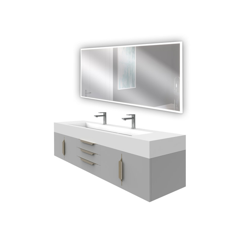 Ensemble de meuble-lavabo double mural 72 "avec miroir Nile, Blanc, gris, Or