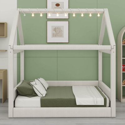 Full Size Upholstered Platform Bed With LED Light Strips, Wood House Daybed Frame