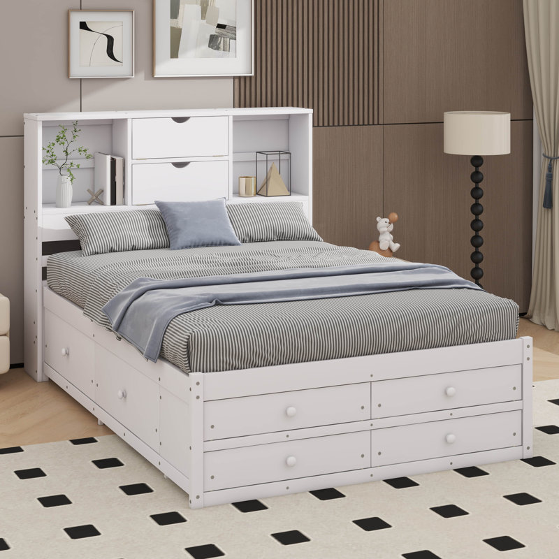 Platform Bed with Storage Headboard And 8 Drawers, White, Queen