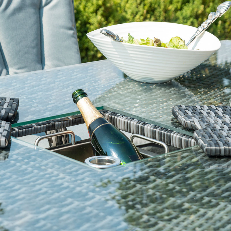 Reimer 6 Seat Rectangular Rattan Dining Set - with Ice Bucket, Black/Grey/Light grey